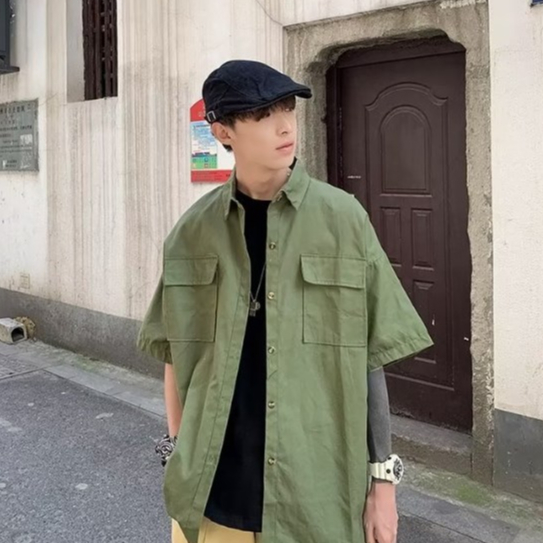 EERSHENSHI Áo Choàng Vải Thời Trang Dạo Phố Năng Động|Áo Sơ Mi Nam Ngắn Tay Dáng Rộng Phong Cách Nhật Bản