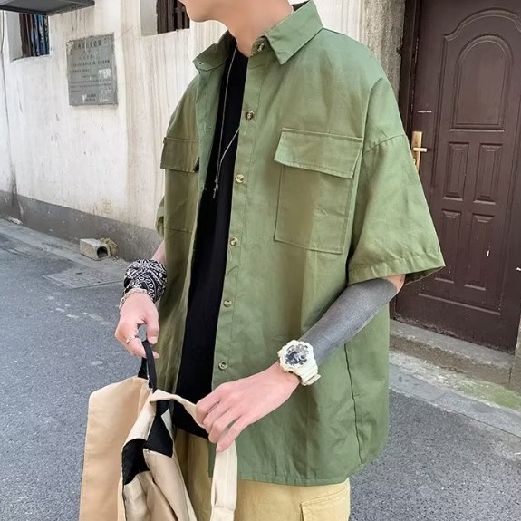 EERSHENSHI Áo Choàng Vải Thời Trang Dạo Phố Năng Động|Áo Sơ Mi Nam Ngắn Tay Dáng Rộng Phong Cách Nhật Bản