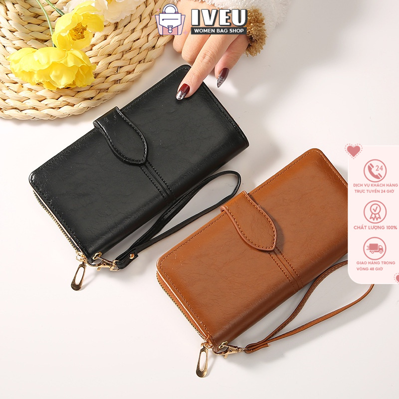 Ví Da Sáp Dầu Dáng Dài Cỡ Lớn Có Khóa Kéo Đa Năng Phong Cách Vintage Cho Nữ