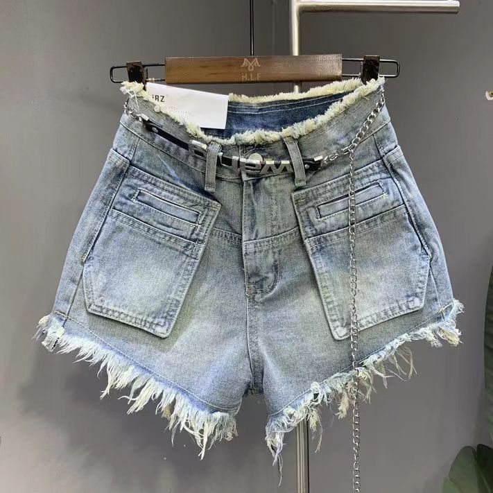 Quần Short Jean Tua Rua Lưng Cao Có Túi Lớn Phong Cách Mới 2023 Dành Cho Nữ