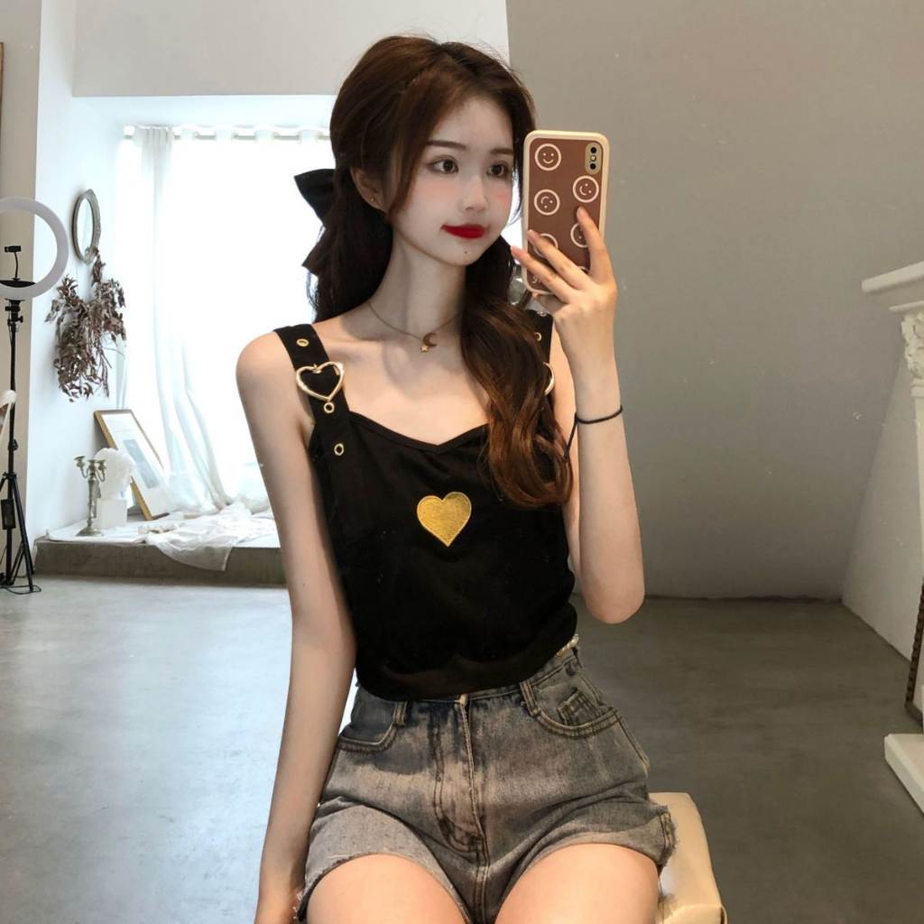 Áo Hai Dây Dáng Ngắn Thêu Họa Tiết Trái Tim Phong Cách Hàn Quốc Thời Trang Mùa Hè Xinh Xắn