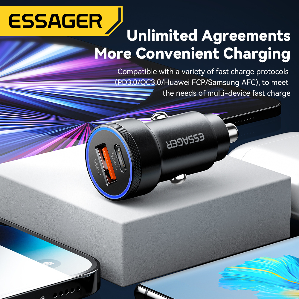 Essager Cốc Sạc 54W LED Usb Type C QC 3.0 Fsat Cho samsung IP Phone 12-24V