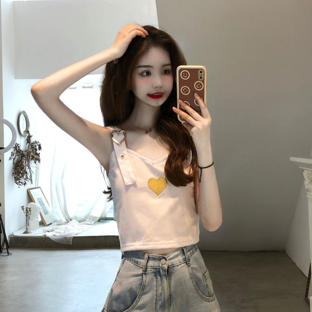 Áo Hai Dây Dáng Ngắn Thêu Họa Tiết Trái Tim Phong Cách Hàn Quốc Thời Trang Mùa Hè Xinh Xắn