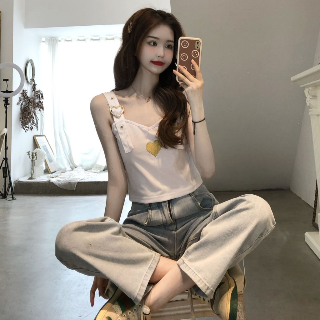 Áo Hai Dây Dáng Ngắn Thêu Họa Tiết Trái Tim Phong Cách Hàn Quốc Thời Trang Mùa Hè Xinh Xắn