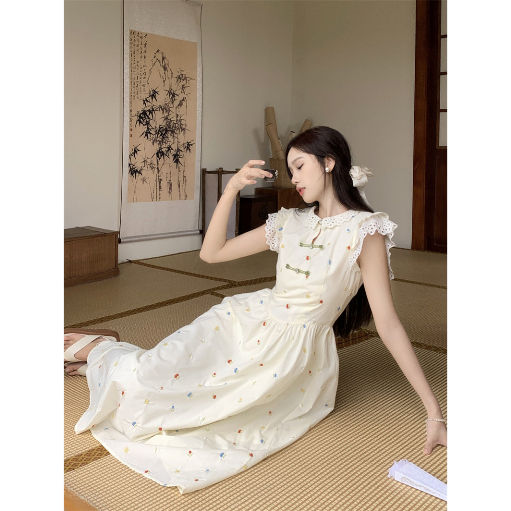Lalisas Đầm Dài Vừa Ghép Vải Họa Tiết Hoa Phối Nút Kiểu Trung Hoa
