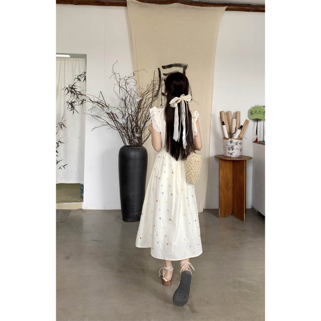 Lalisas Đầm Dài Vừa Ghép Vải Họa Tiết Hoa Phối Nút Kiểu Trung Hoa