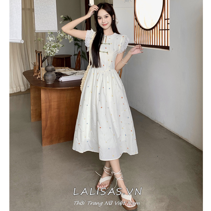 Lalisas Đầm Dài Vừa Ghép Vải Họa Tiết Hoa Phối Nút Kiểu Trung Hoa