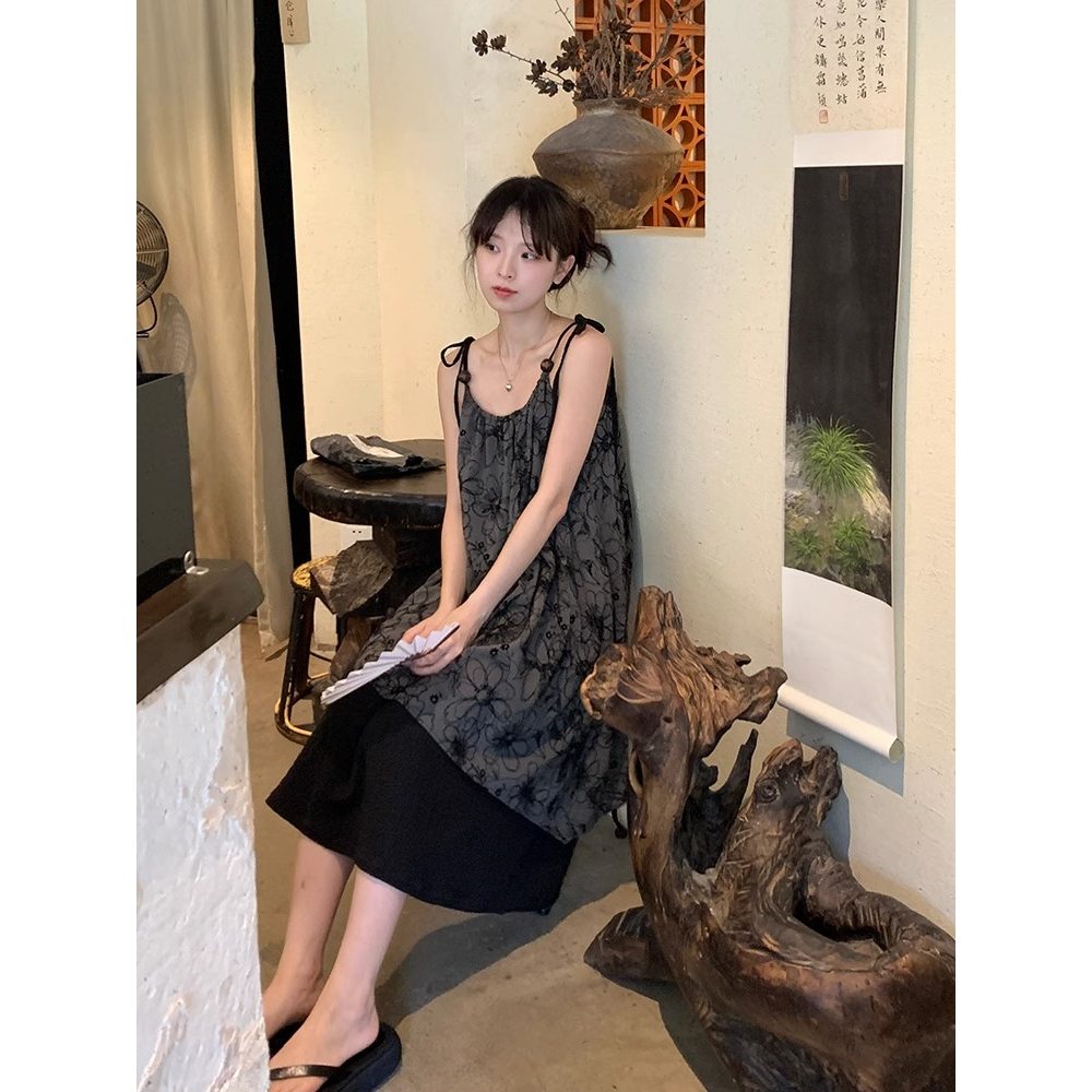 Đầm Dài Hai Dây Đính Hạt Màu Đen Phong Cách Trung Hoa Thời Trang Mùa Hè Cho Nữ