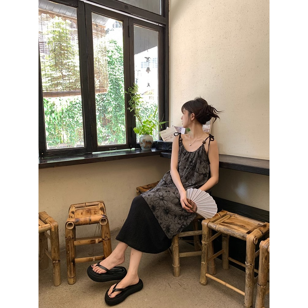 Đầm Dài Hai Dây Đính Hạt Màu Đen Phong Cách Trung Hoa Thời Trang Mùa Hè Cho Nữ