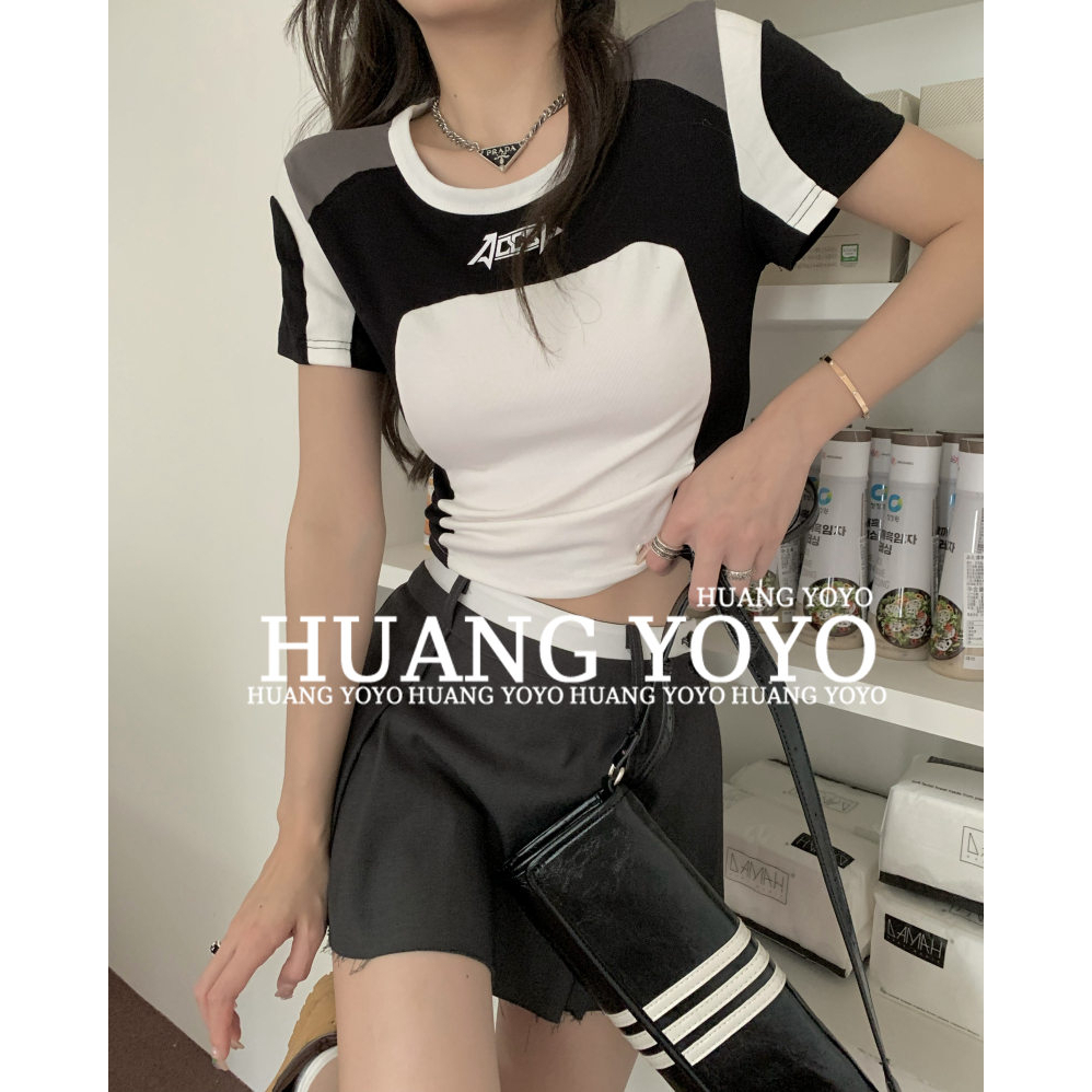 HUANG YOYO Áo Croptop Thun Thể Thao Ngắn Ghép Màu Thời Trang Hàn Quốc 2023crop Cho Nữ