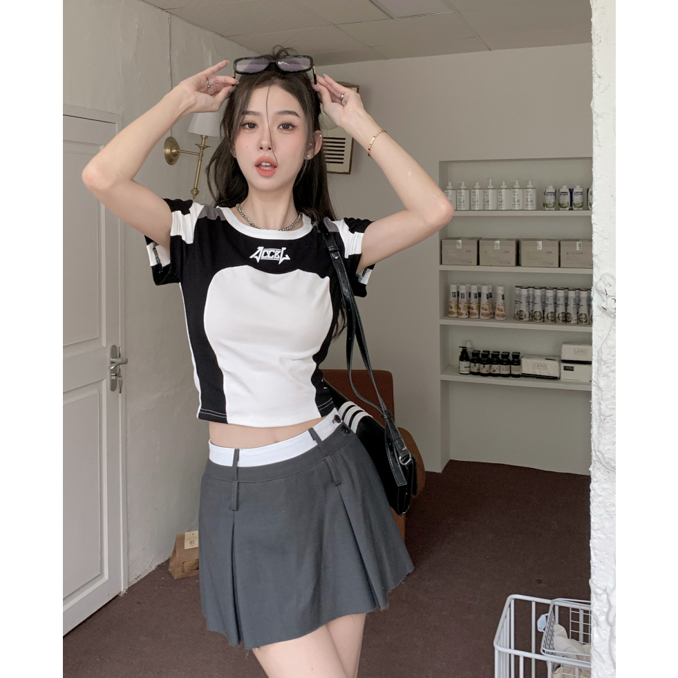 HUANG YOYO Áo Croptop Thun Thể Thao Ngắn Ghép Màu Thời Trang Hàn Quốc 2023crop Cho Nữ