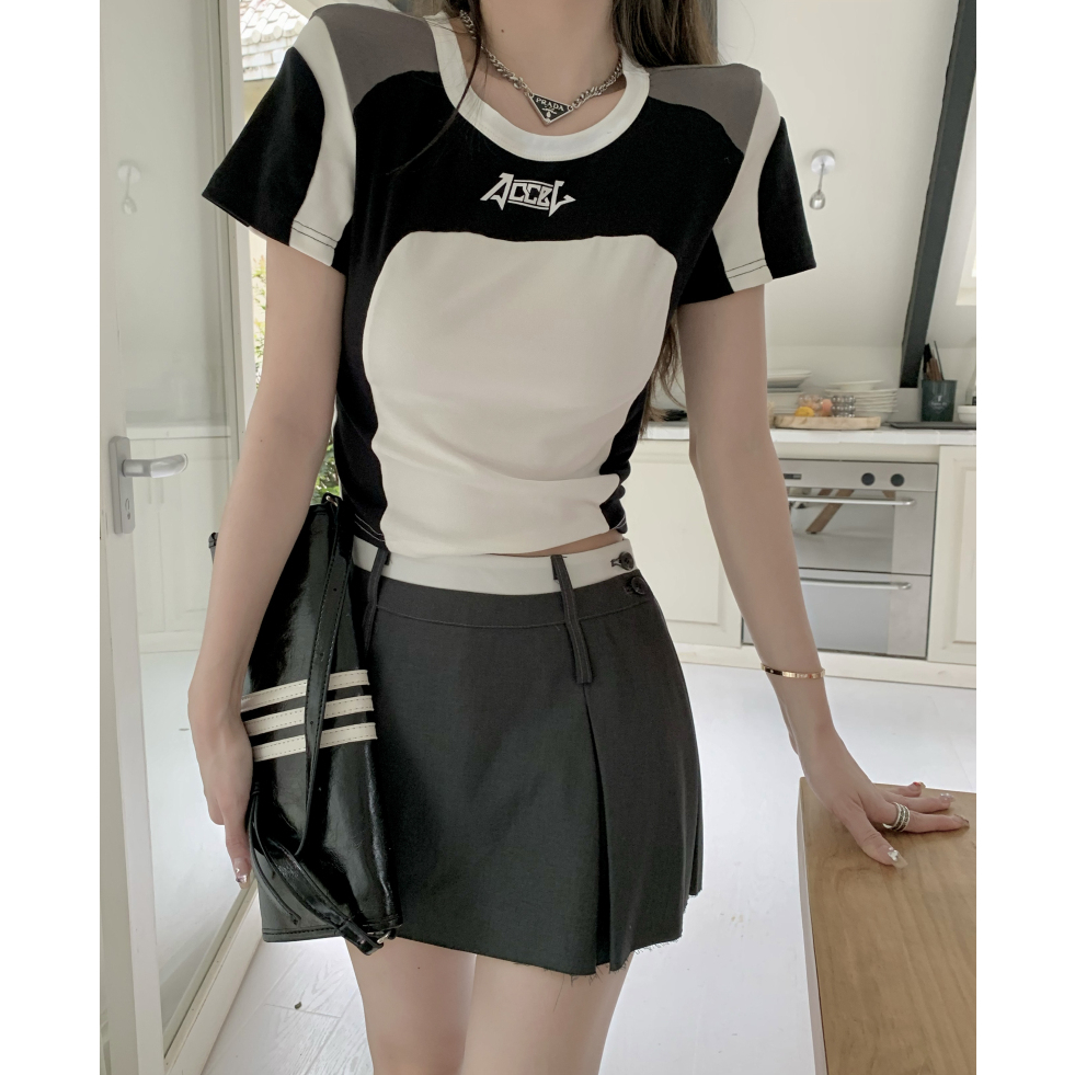 HUANG YOYO Áo Croptop Thun Thể Thao Ngắn Ghép Màu Thời Trang Hàn Quốc 2023crop Cho Nữ