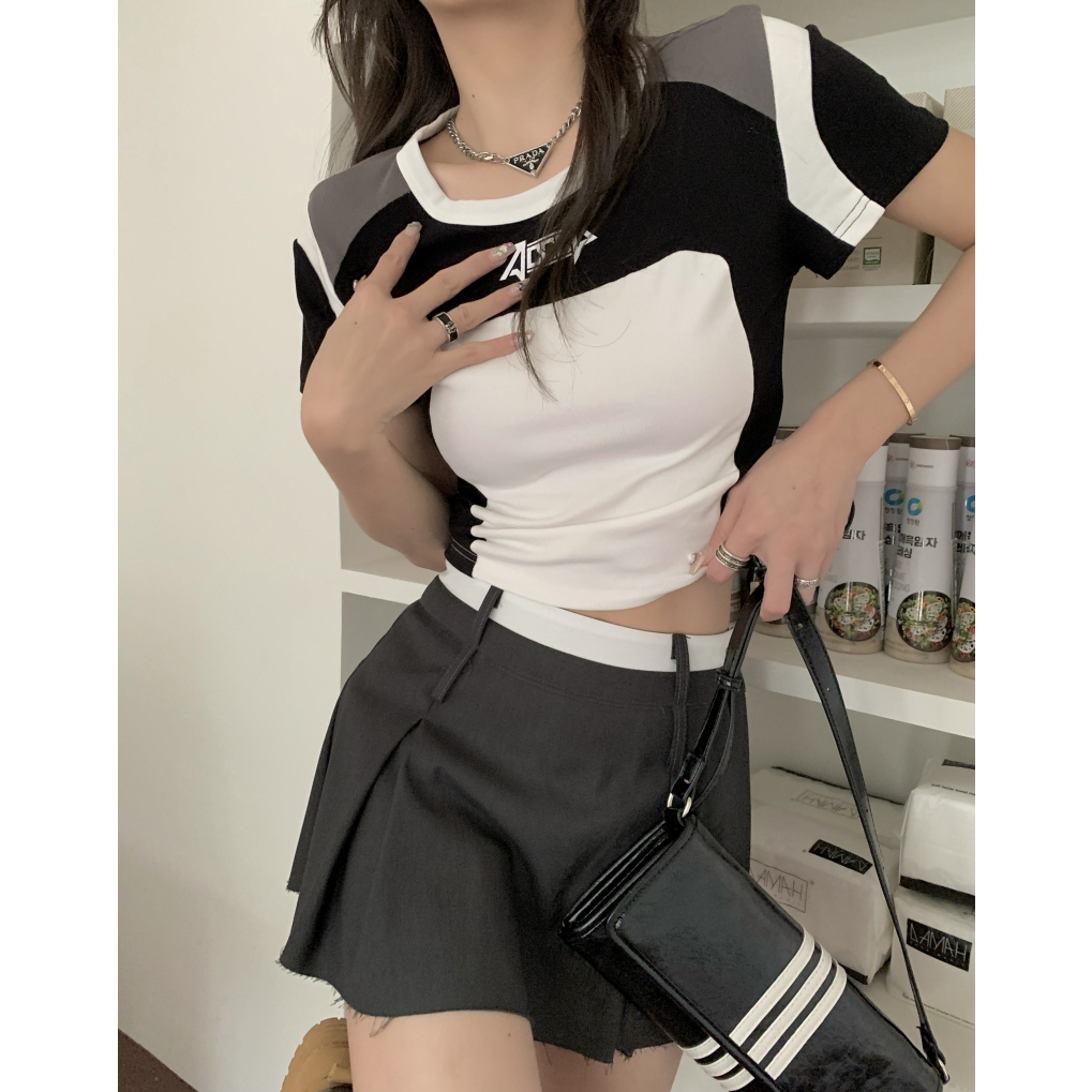 HUANG YOYO Áo Croptop Thun Thể Thao Ngắn Ghép Màu Thời Trang Hàn Quốc 2023crop Cho Nữ
