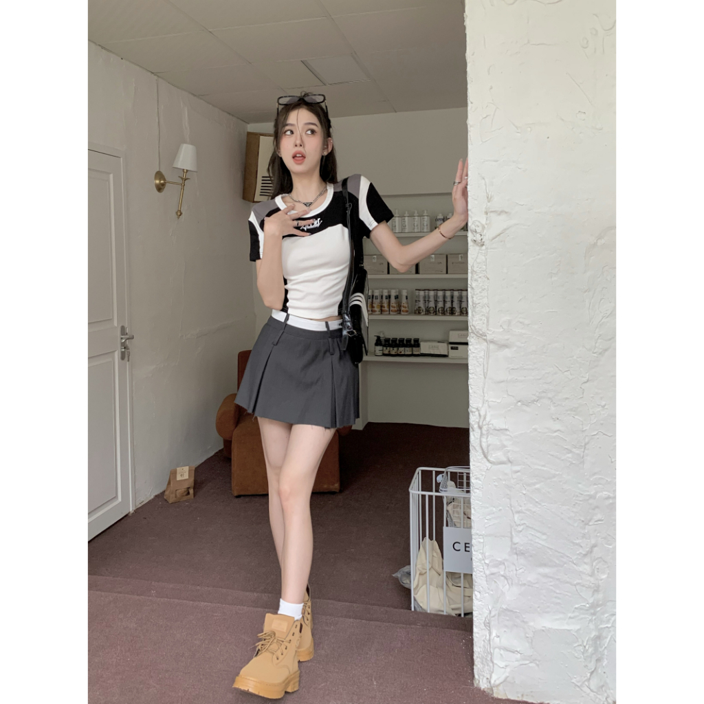 HUANG YOYO Áo Croptop Thun Thể Thao Ngắn Ghép Màu Thời Trang Hàn Quốc 2023crop Cho Nữ