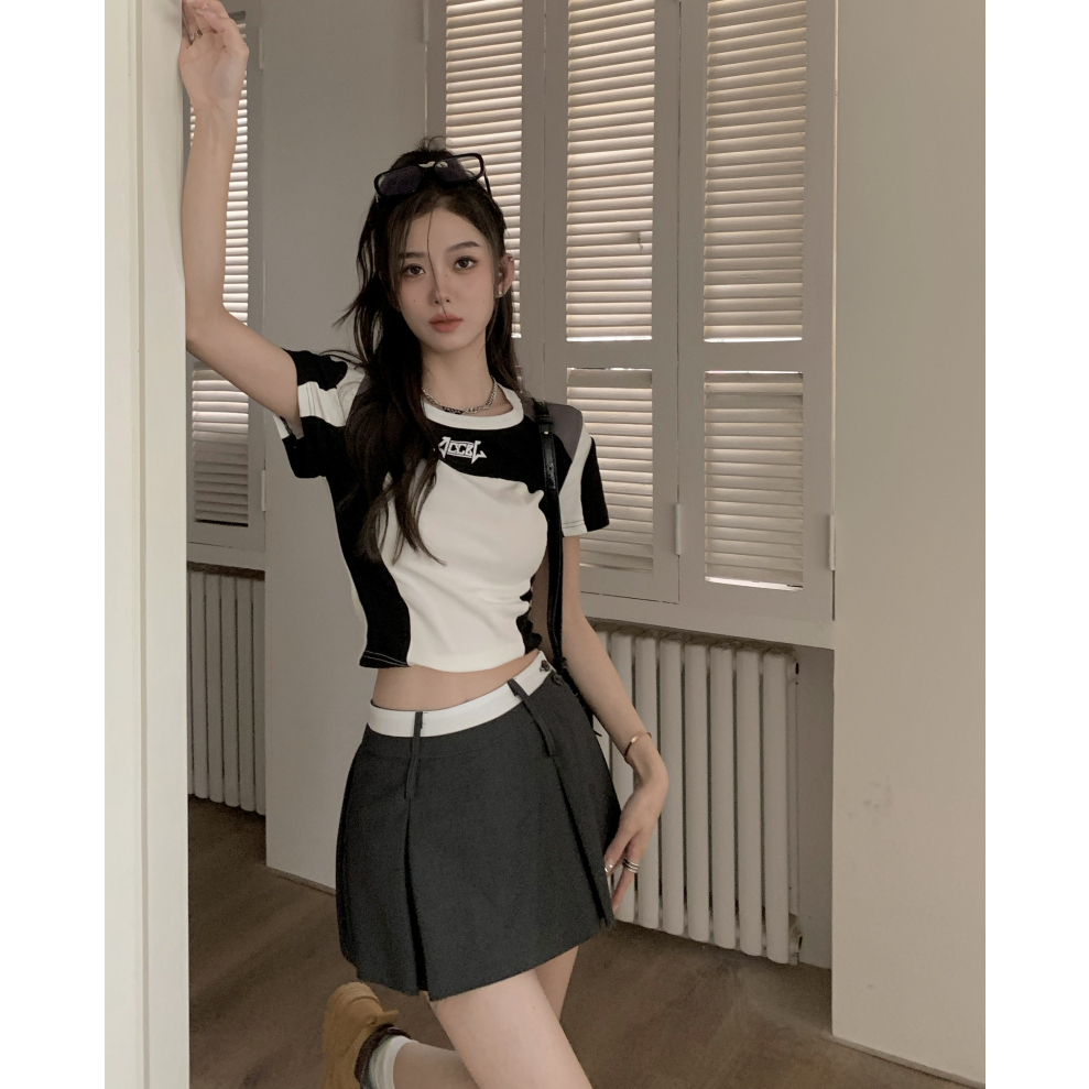 HUANG YOYO Áo Croptop Thun Thể Thao Ngắn Ghép Màu Thời Trang Hàn Quốc 2023crop Cho Nữ