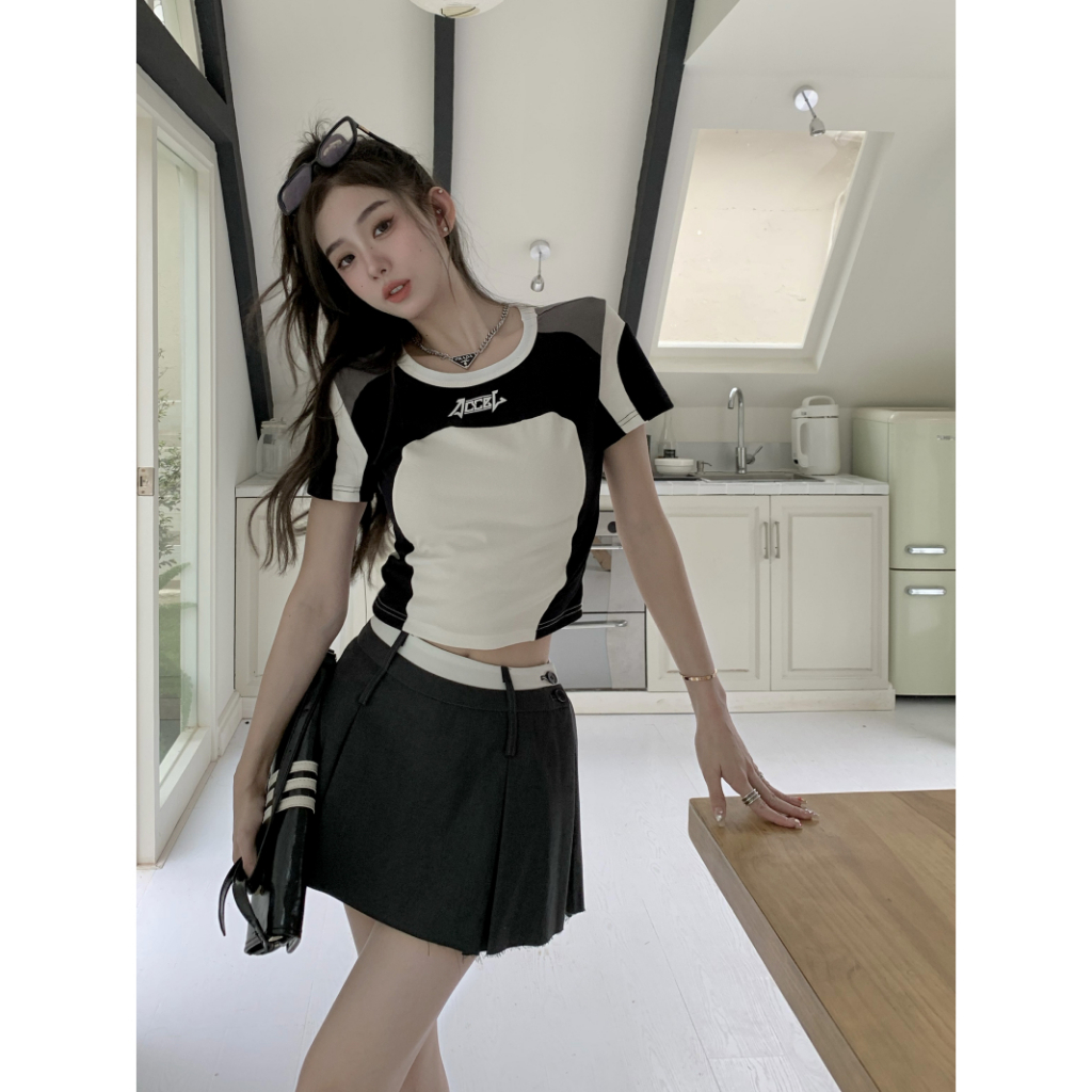 HUANG YOYO Áo Croptop Thun Thể Thao Ngắn Ghép Màu Thời Trang Hàn Quốc 2023crop Cho Nữ