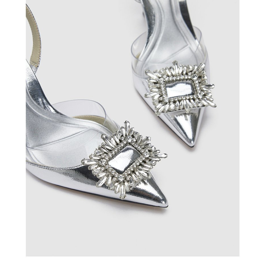 Giày Sandal Cao Gót Mũi Nhọn Phối Khóa Vuông Màu Bạc Thời Trang Mùa Hè Dành Cho Nữ