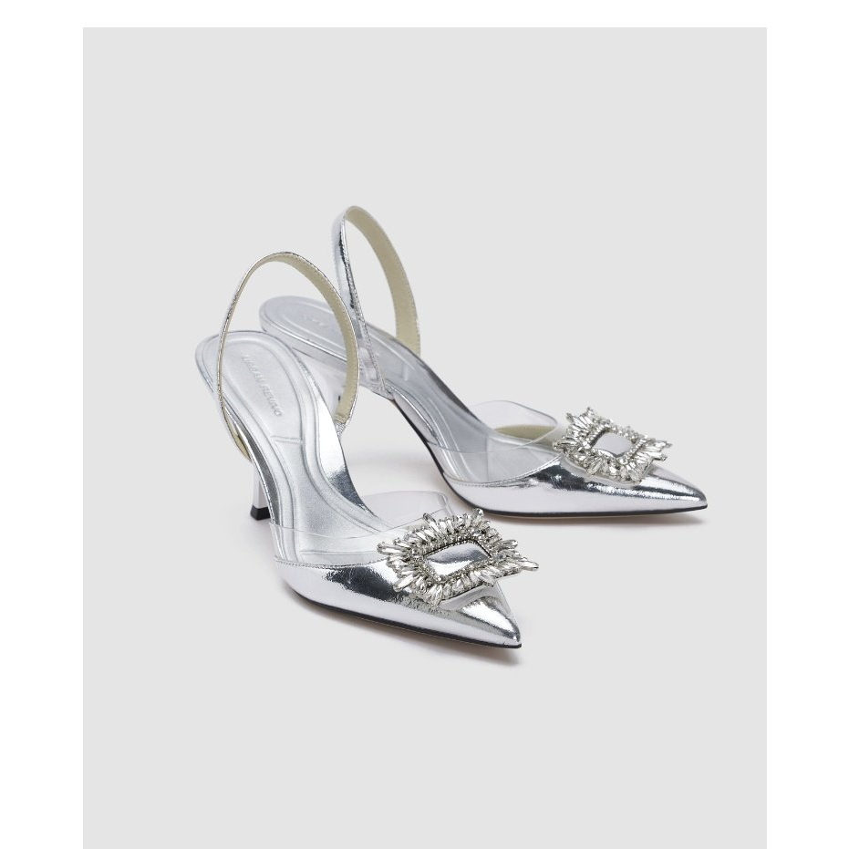 Giày Cao Gót Mũi Nhọn Phối Khóa Vuông Đính Đá Thời Trang Mùa Hè Pháp 2023 Cho Nữ