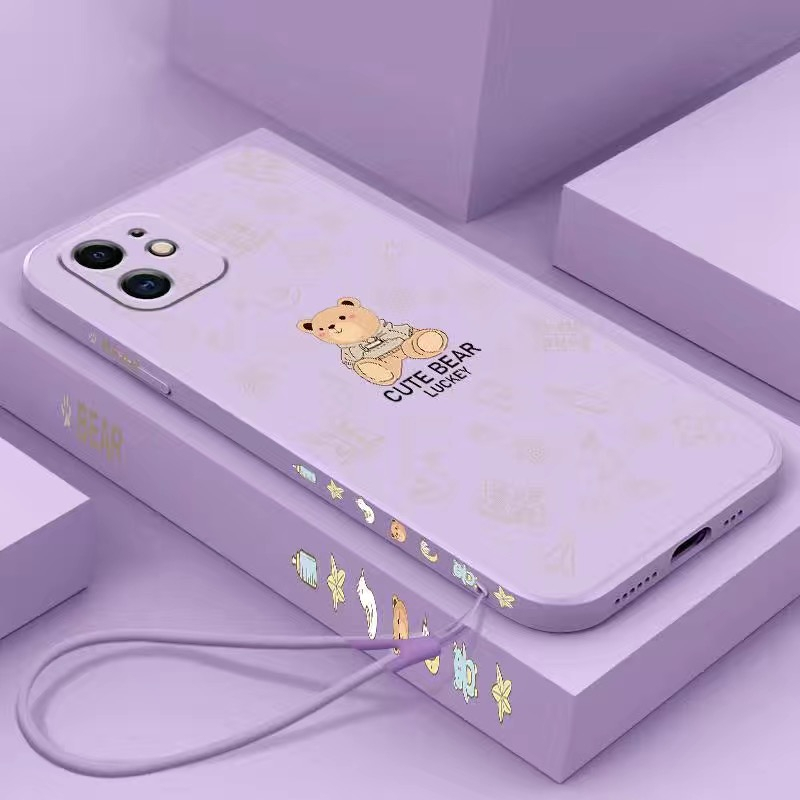 Ốp lưng Samsung A10 M10 A20 A30 A50 A30S A50S A10S M10S A20S A30S A11 Cạnh thẳng 90 ° Silicone dây nhựa Teddy Bear