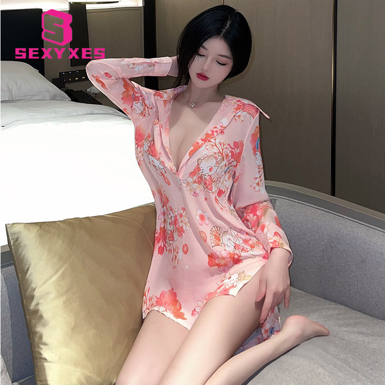 Bộ Đồ Ngủ Vải Voan In Họa Tiết Phong Cách Kimono Nhật Bản
