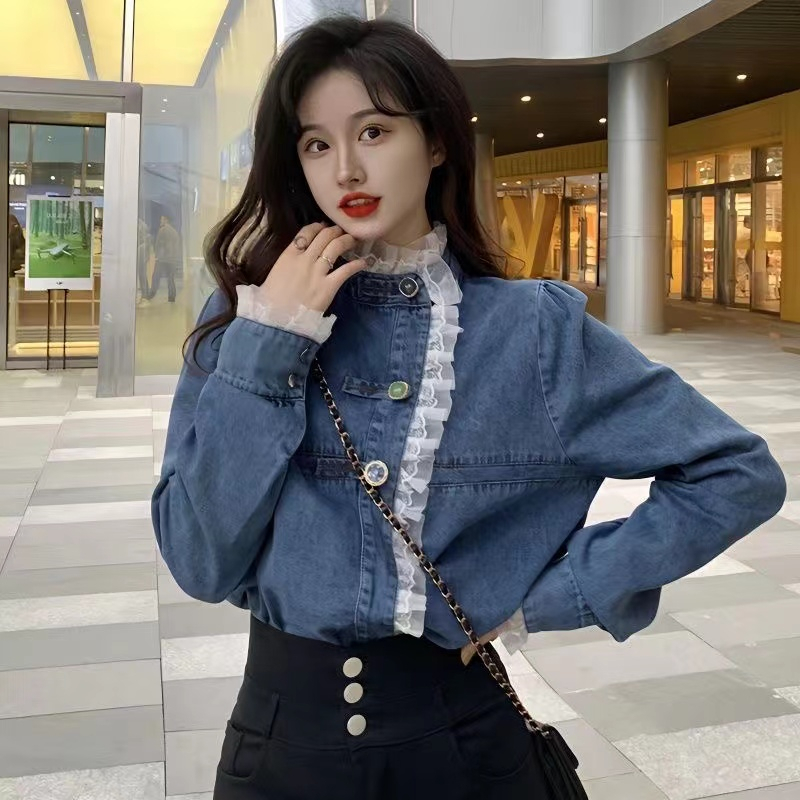 Áo denim Tay Dài Cổ Đứng Dáng Rộng Phối Ren Thời Trang Hàn Quốc Cho Nữ