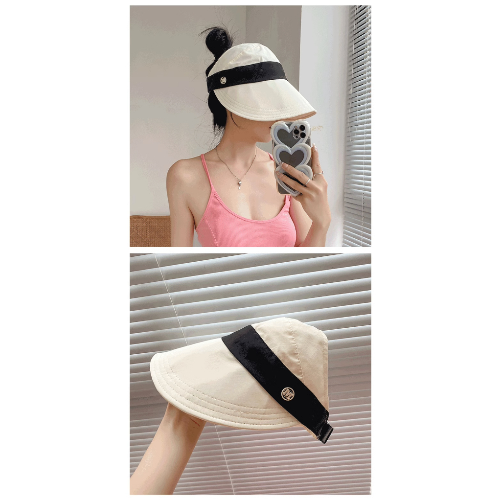 Zhao Lusi Mũ Bucket Hở Chóp Có Nhãn Buộc Tóc Đuôi Ngựa M Che Nắng Mùa Hè Cho Nữ