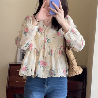 Áo Sơ Mi Nữ Dài Tay Cổ Chữ V Thêu Hoa Vintage Hàn Quốc Baju Baju Wanita Lengan Panjang
