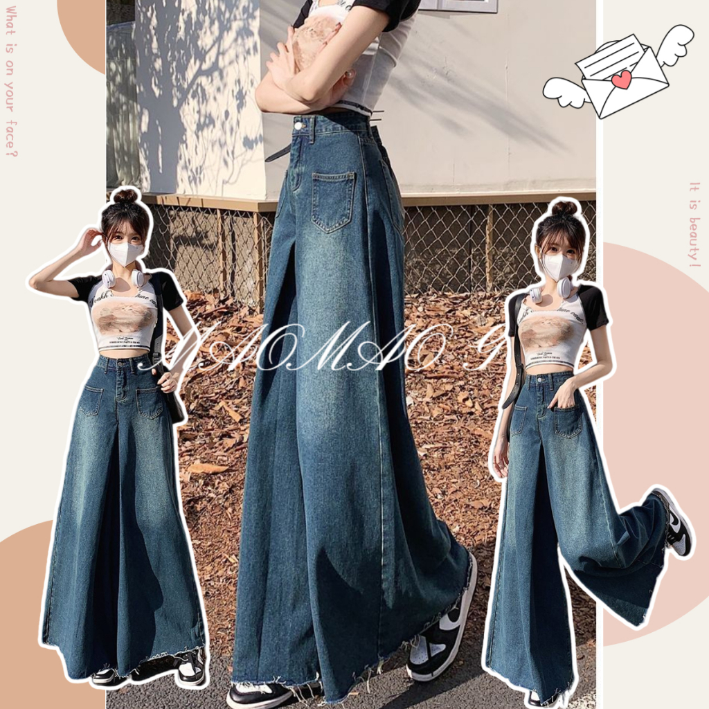 Maomao GO Retro Quần Jean Ống Loe Siêu Rộng Lưng Cao Che Phủ Da Thiết Kế Mới Cho Nữ