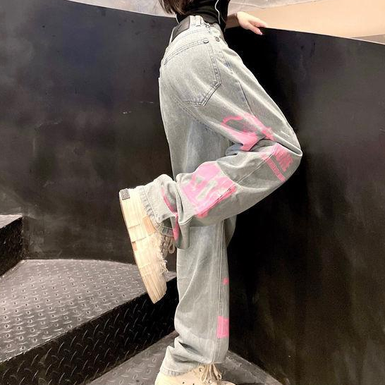 Quần Jean Dài Dáng Rộng In Họa Tiết Graffiti Kiểu Retro Đường Phố Cá Tính Cho Nữ