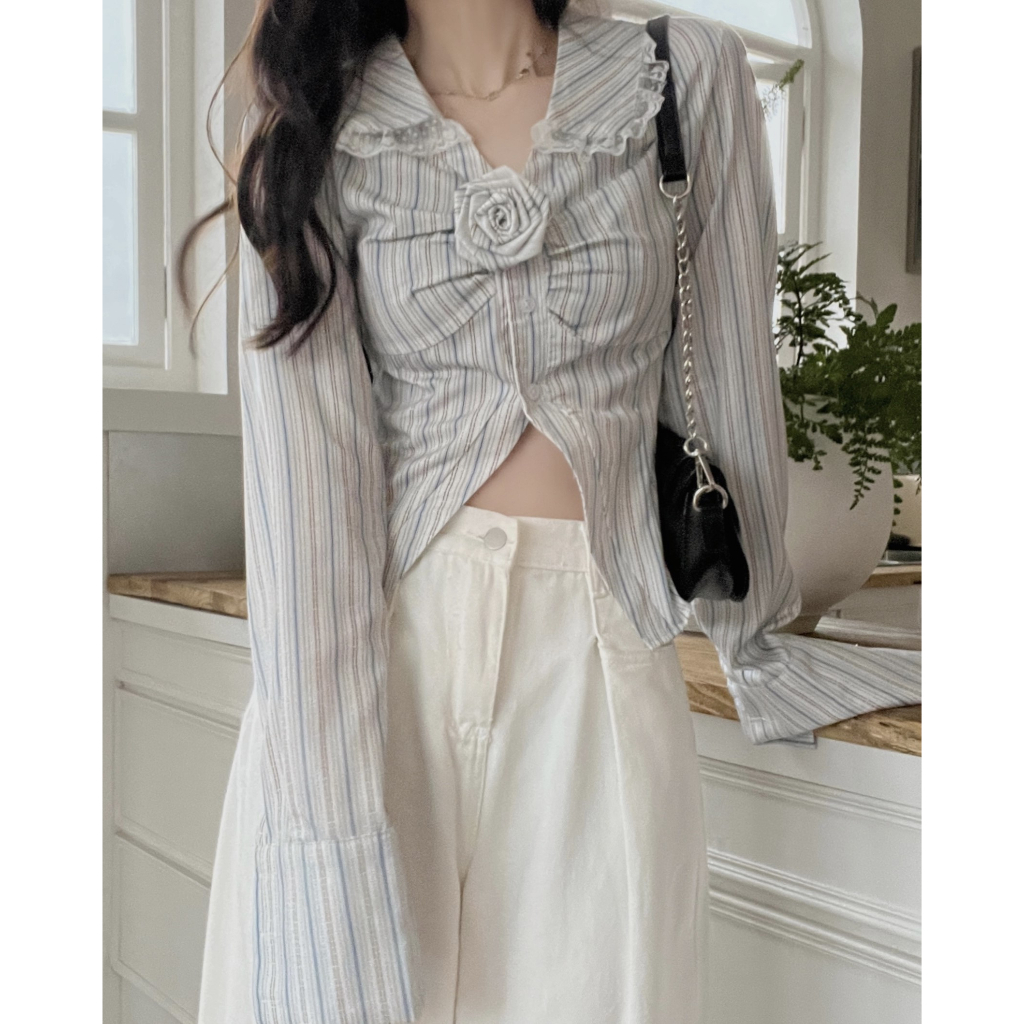 QADCOL Áo Sơ Mi Ngắn Tay Cổ Polo Họa Tiết Kẻ Sọc Không Đồng Đều Kèm Dây Thắt Lưng Phong Cách Pháp