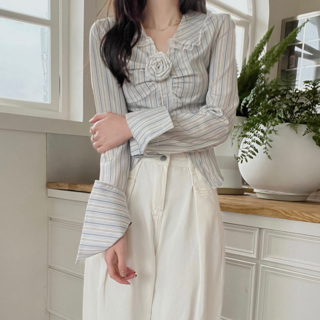 QADCOL Áo Sơ Mi Ngắn Tay Cổ Polo Họa Tiết Kẻ Sọc Không Đồng Đều Kèm Dây Thắt Lưng Phong Cách Pháp