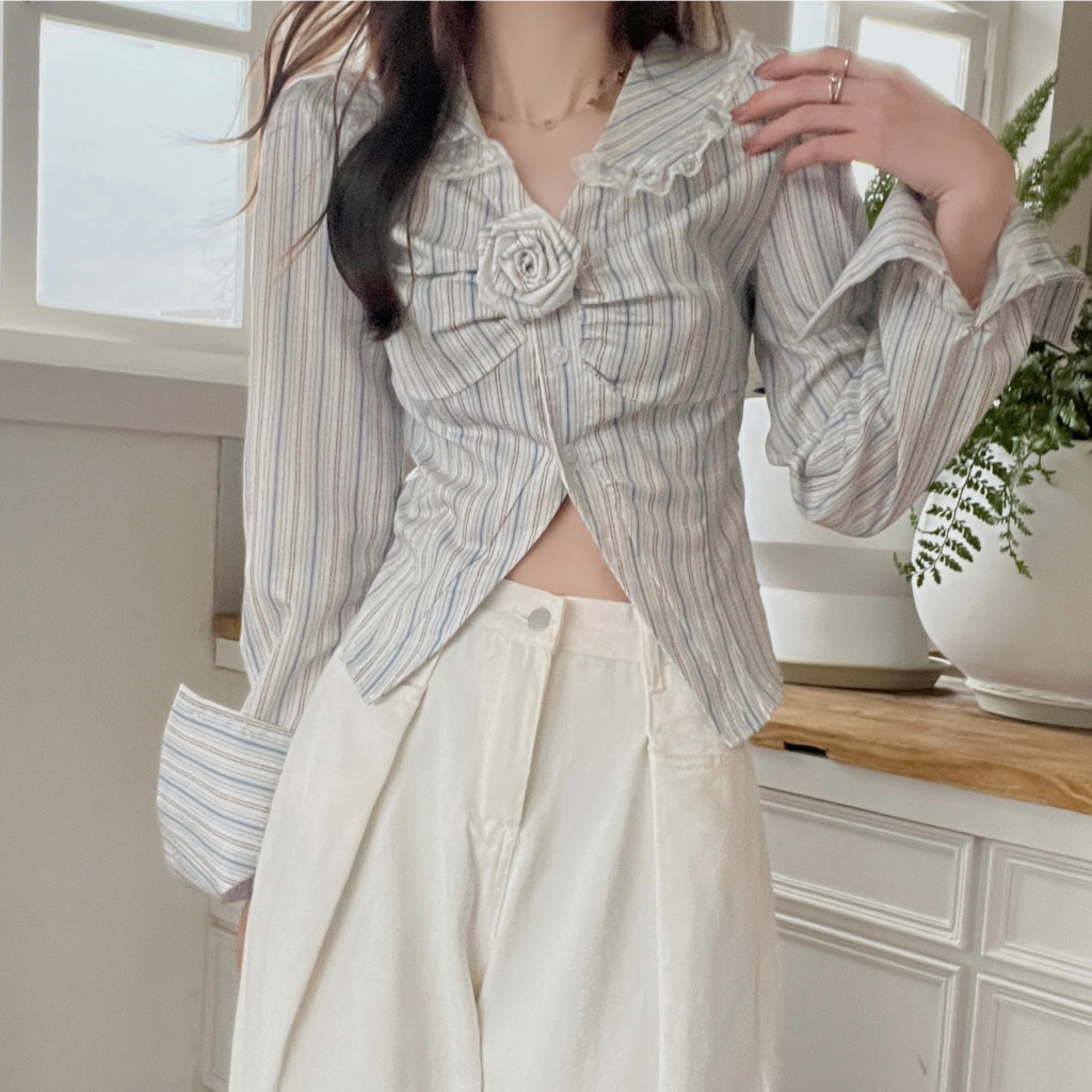 QADCOL Áo Sơ Mi Ngắn Tay Cổ Polo Họa Tiết Kẻ Sọc Không Đồng Đều Kèm Dây Thắt Lưng Phong Cách Pháp