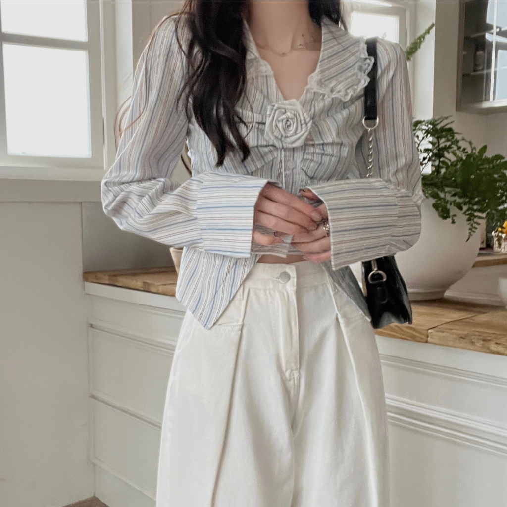 QADCOL Áo Sơ Mi Ngắn Tay Cổ Polo Họa Tiết Kẻ Sọc Không Đồng Đều Kèm Dây Thắt Lưng Phong Cách Pháp