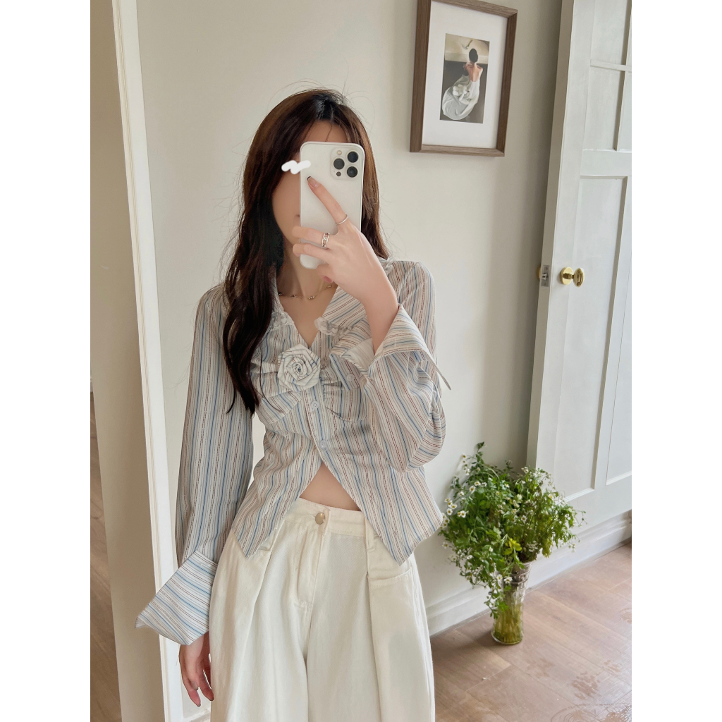 QADCOL Áo Sơ Mi Ngắn Tay Cổ Polo Họa Tiết Kẻ Sọc Không Đồng Đều Kèm Dây Thắt Lưng Phong Cách Pháp