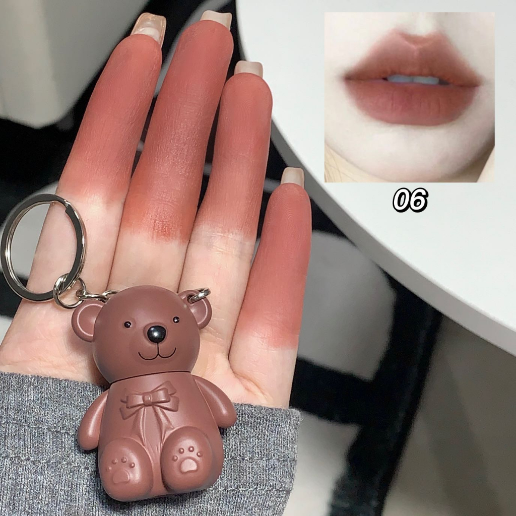 Son Bóng HRHF Gấu Nâu Môi Bùn Móc Chìa Khóa Nhung Màu Mờ Son Môi