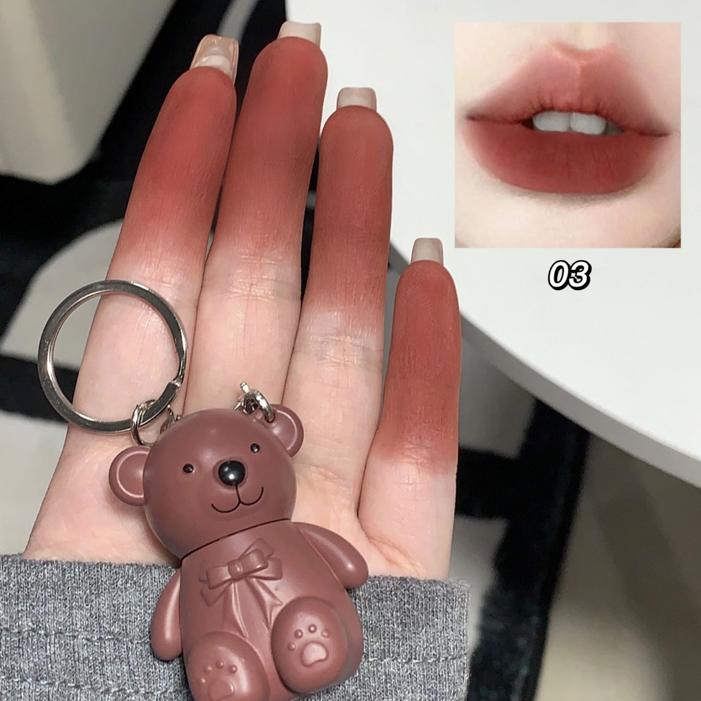 Son Bóng HRHF Gấu Nâu Môi Bùn Móc Chìa Khóa Nhung Màu Mờ Son Môi