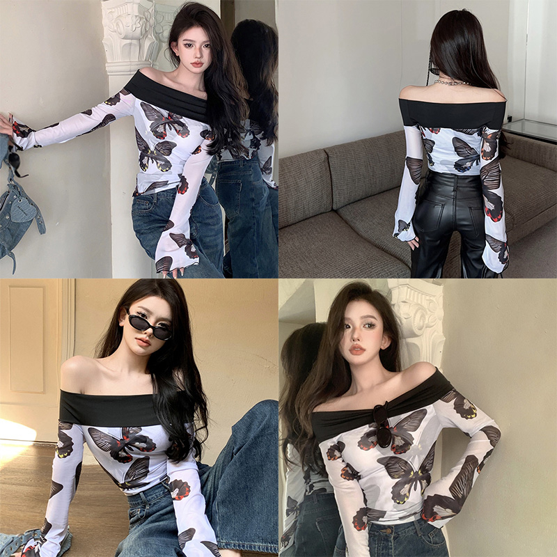 Áo Croptop Trễ Vai Tay Dài Loe In Họa Tiết Bướm Phong Cách Cổ Điển Thời Trang Cho Nữ