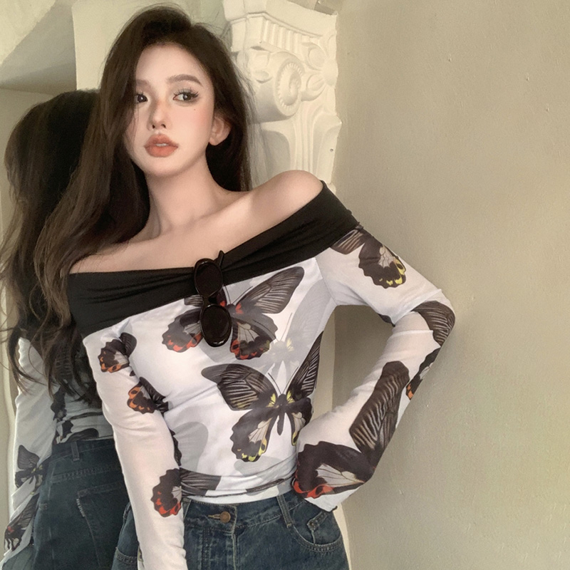 Áo Croptop Trễ Vai Tay Dài Loe In Họa Tiết Bướm Phong Cách Cổ Điển Thời Trang Cho Nữ