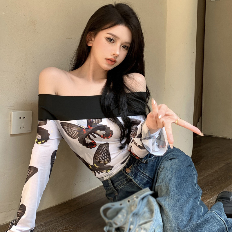 Áo Croptop Trễ Vai Tay Dài Loe In Họa Tiết Bướm Phong Cách Cổ Điển Thời Trang Cho Nữ