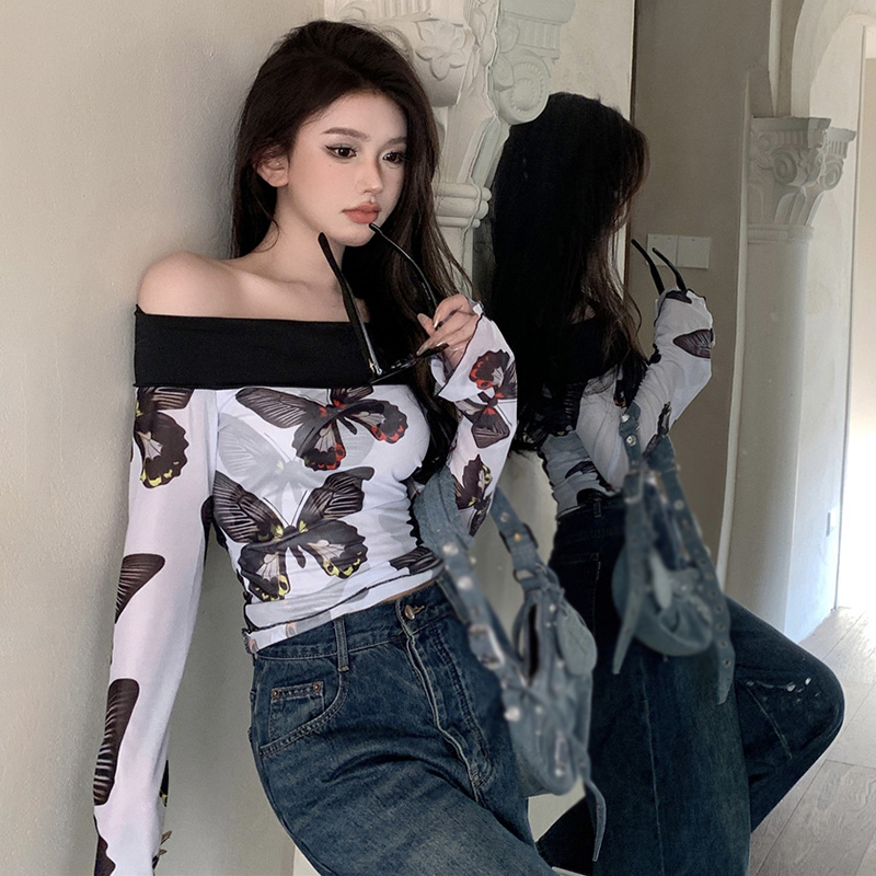 Áo Croptop Trễ Vai Tay Dài Loe In Họa Tiết Bướm Phong Cách Cổ Điển Thời Trang Cho Nữ