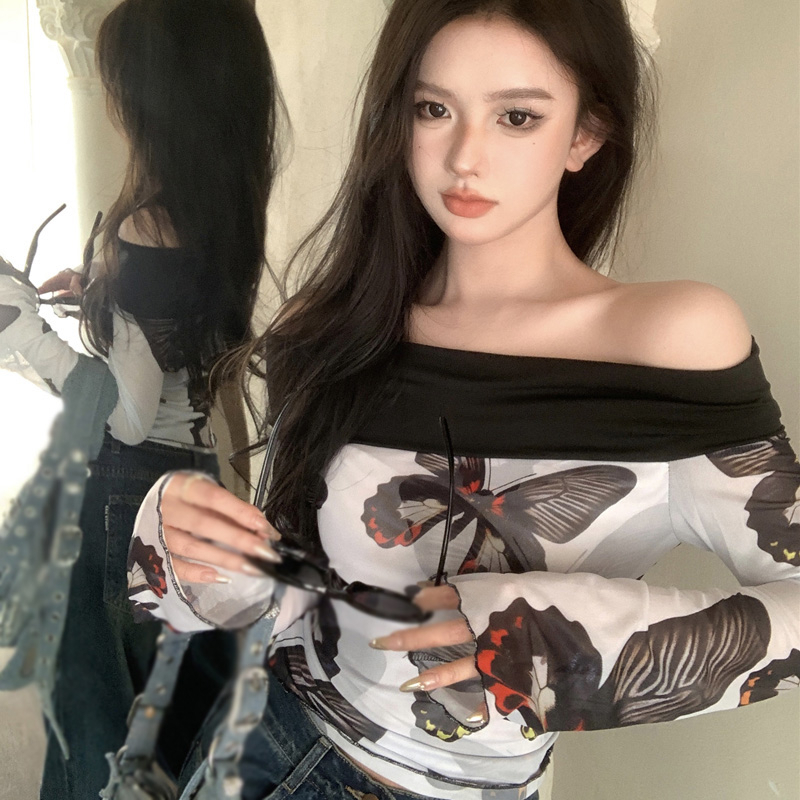 Áo Croptop Trễ Vai Tay Dài Loe In Họa Tiết Bướm Phong Cách Cổ Điển Thời Trang Cho Nữ