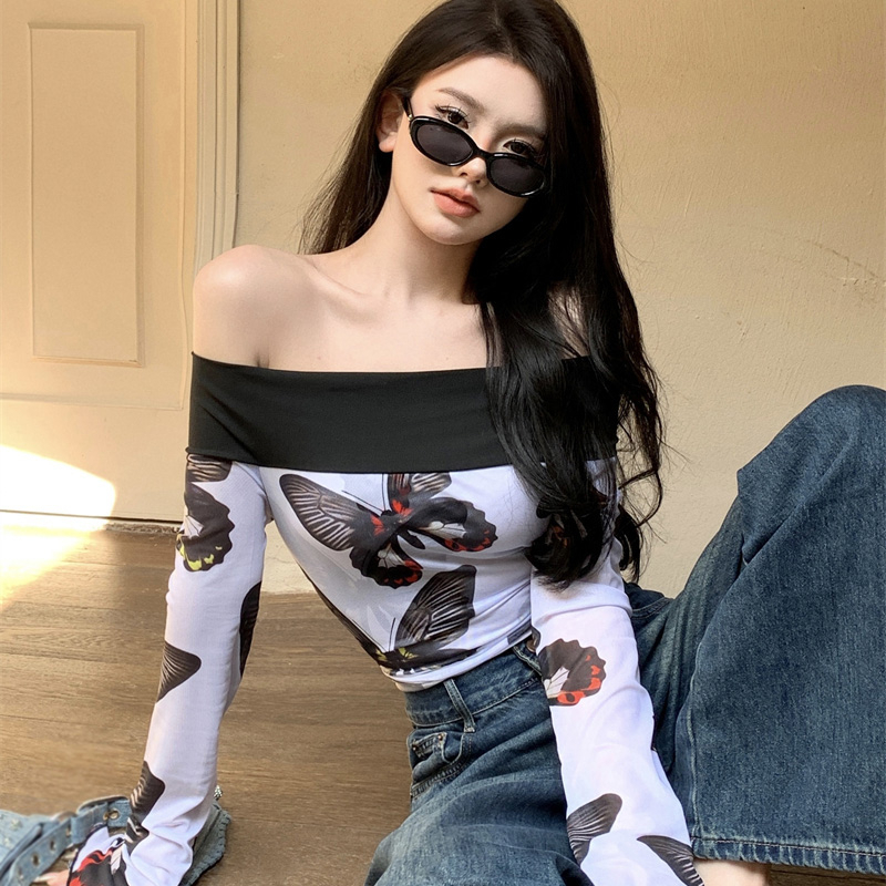 Áo Croptop Trễ Vai Tay Dài Loe In Họa Tiết Bướm Phong Cách Cổ Điển Thời Trang Cho Nữ