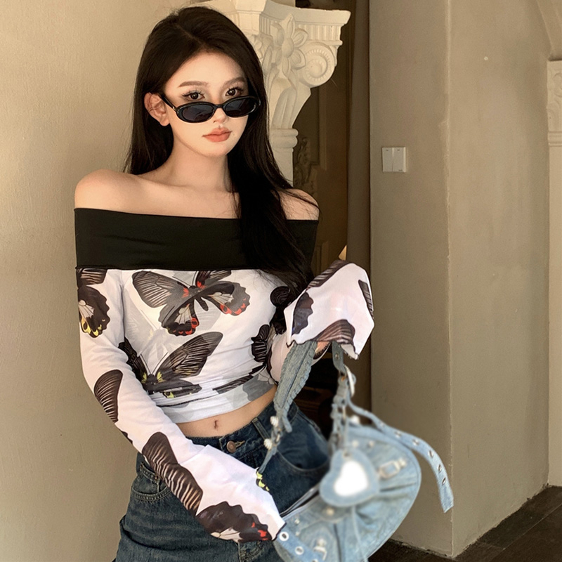 Áo Croptop Trễ Vai Tay Dài Loe In Họa Tiết Bướm Phong Cách Cổ Điển Thời Trang Cho Nữ