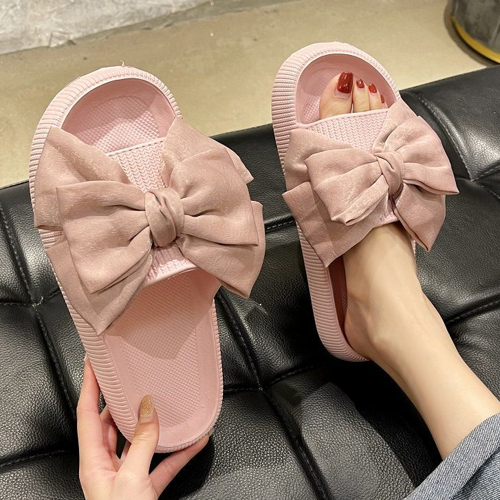 Dép Quai nơ Cute bánh mì đế cao 4CM   quai ngang đính nơ trong nhà chống trượ Thoải Mái Xinh Xắn 23Z23052916