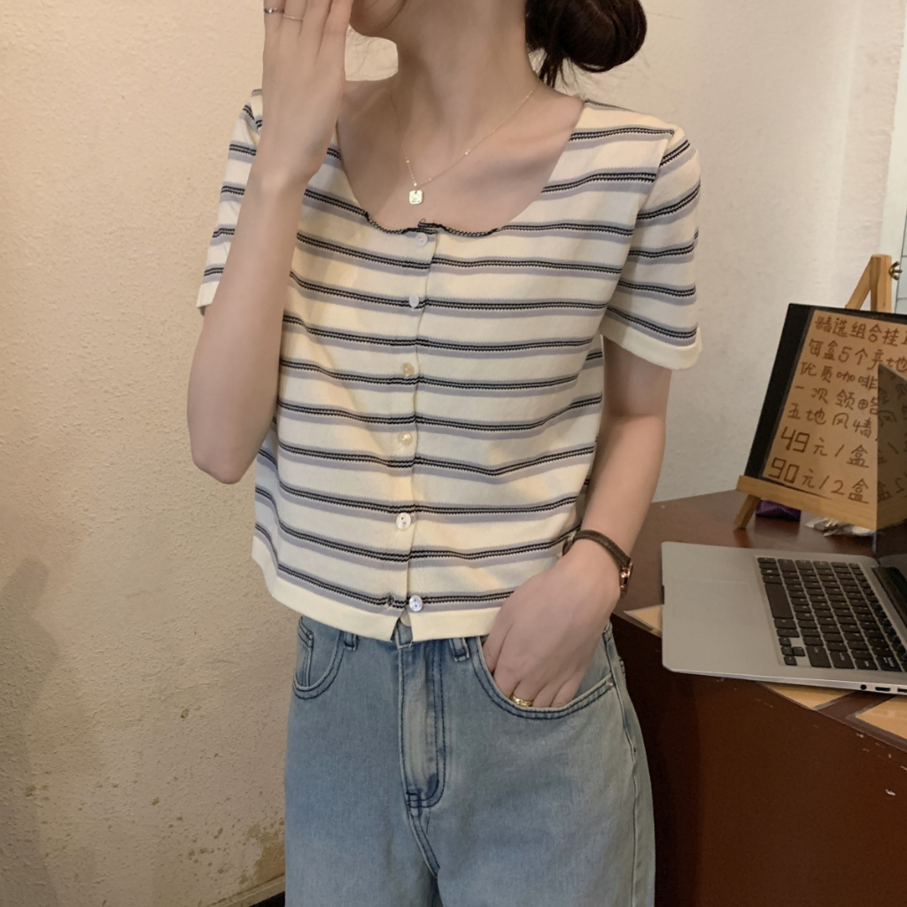 NUZIRO  Áo Dệt Kim Ngắn Tay Cổ Vuông Họa Tiết Kẻ Sọc Màu Tương Phản Phong Cách Hàn Quốc