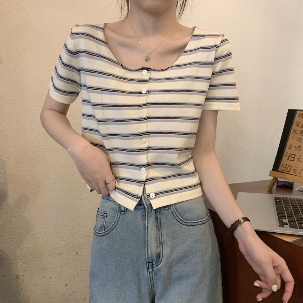 NUZIRO  Áo Dệt Kim Ngắn Tay Cổ Vuông Họa Tiết Kẻ Sọc Màu Tương Phản Phong Cách Hàn Quốc