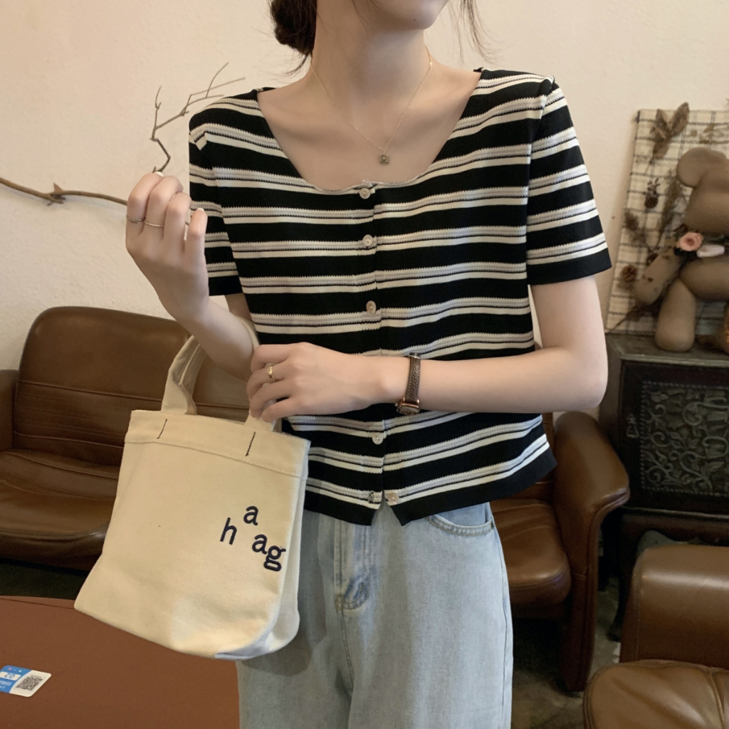 NUZIRO  Áo Dệt Kim Ngắn Tay Cổ Vuông Họa Tiết Kẻ Sọc Màu Tương Phản Phong Cách Hàn Quốc