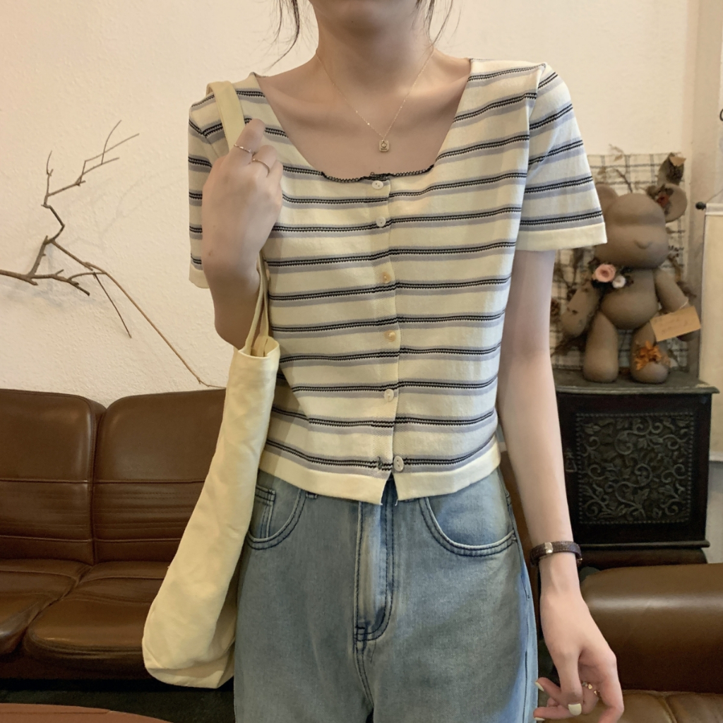 NUZIRO  Áo Dệt Kim Ngắn Tay Cổ Vuông Họa Tiết Kẻ Sọc Màu Tương Phản Phong Cách Hàn Quốc