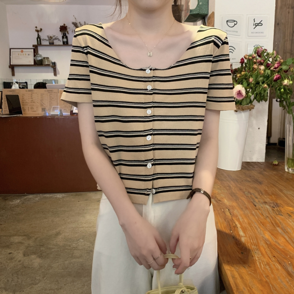 NUZIRO  Áo Dệt Kim Ngắn Tay Cổ Vuông Họa Tiết Kẻ Sọc Màu Tương Phản Phong Cách Hàn Quốc