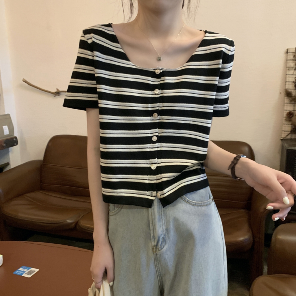 NUZIRO  Áo Dệt Kim Ngắn Tay Cổ Vuông Họa Tiết Kẻ Sọc Màu Tương Phản Phong Cách Hàn Quốc